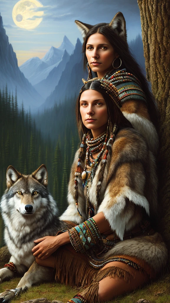 painting of a native woman sitting in front of a wolf, : native american shamen fantasy, wolfgirl, ( art fitzpatrick ), native american art, by Howard Lyon, by Cindy Wright, native american, wolves and their treasures, wolves, by Stan Stokes, 3 0, illustrative, stunning woman, by Eddie Mendoza