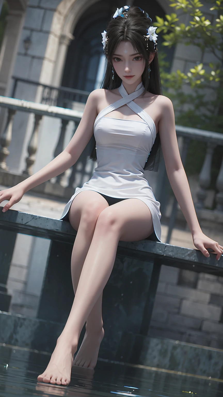 ((masterpiece,best quality)),8k wallpaper,1 Girl, Black Hair,Hair flying,sitting on water,Bare legs,full,Off-white clothes,In the water,High exposure,White Dress,Costume,barefoot,Very long legs,whole body,There are water drops on the water demon