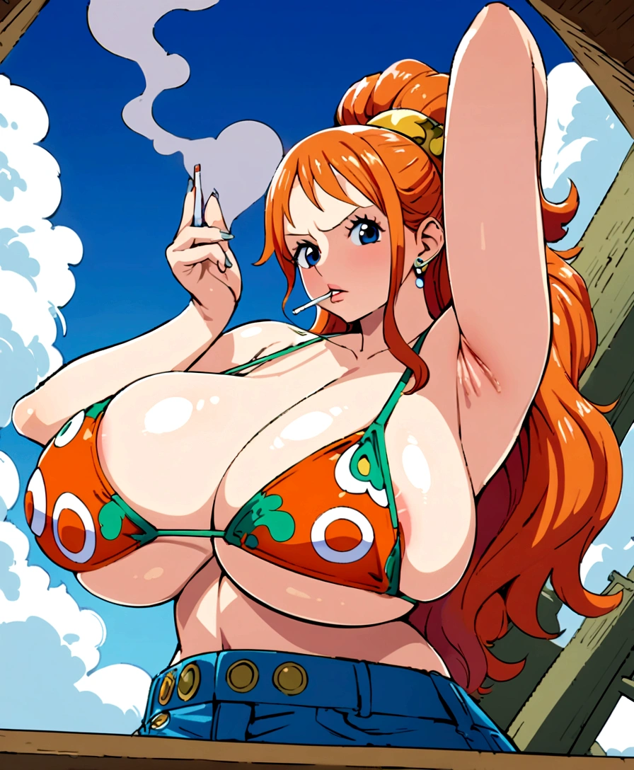 a cartoon picture of a woman in a bikini top and jeans, nami one piece, nami from one piece, nami, beautiful portrait of nami, from one piece, oppai, blue eyes, smoking, ponytail, nsfw