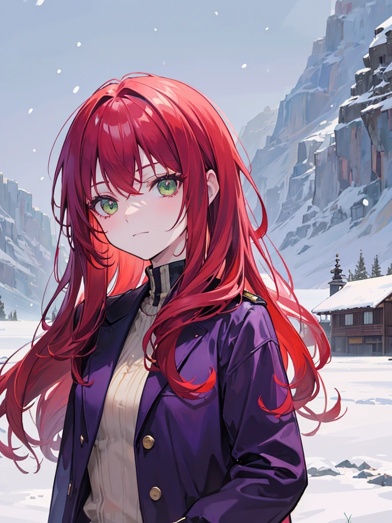 woman, green eyes, long curry wavy bobs red hair, bangs. wear purple black jacket. background in snow field florest. not smiling, indifferent. arrogant, thug. snowfall. in florest at winter