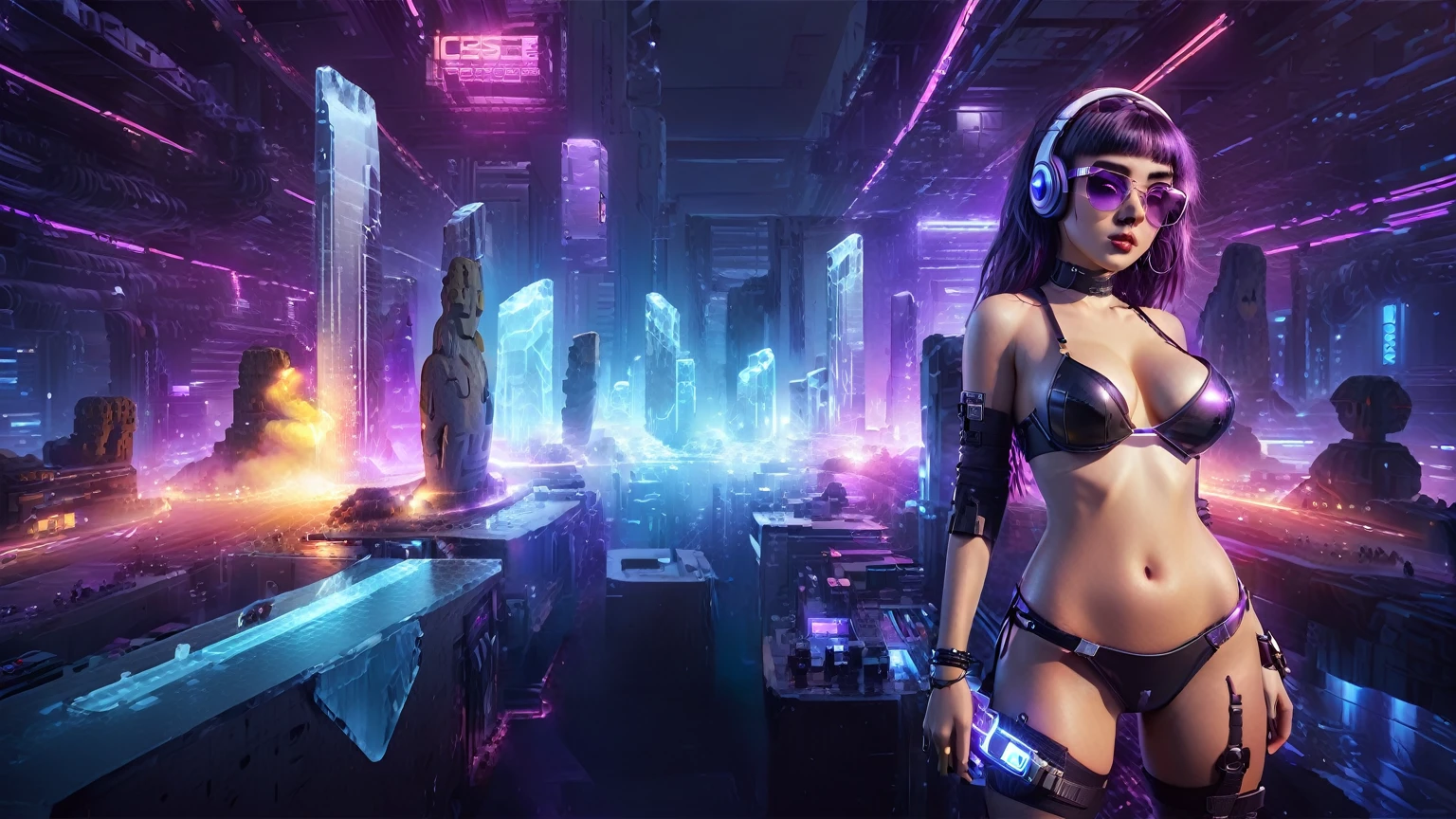 masterpiece, best quality, high resolution, 8k, (Portrait Photos:1.5), (R Original Photo), real picture, Digital Photography, (A fusion of cyberpunk and fantasy), 20 year old girl, solo, (((black sunglasses, headphone))), Feel free to hairstyle, Purple Eyes, By Bangs, (large breasts, cleavage, Accessories, Elegant and charming, Combination of cyberpunk and fantasy style clothing, Hollow carving design, Photo poses, Realistic style, (((((((pistol shooting pose))))))), oc render reflection texture, sentry, (((((aerial view of Cyberpunk style future city, giant ice (Easter Island Moai) sculpture))))), night, Bustling streets, (((((half-body (thigh level) medium shot))))).