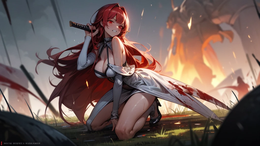 weird atmosphere, (best quality:1.1), (masterpiece:1.2), high quality shadow, beautiful detailed, (high detailed skin, skin details), (wide landscape, 8k), depth of field, highres, best illumination, (sexy), outdoors, blurry background, HD hair, beautiful face, perfect skin, red hair, long hair, (big breasts), blood particles, (night), sharp teeth, glowing red eyes, blood on face, blood on clothes, blood splashing, female knight kneel in the war fields, white dress, leavage, stocking, high heels, attack pose, close to viewer, gripping huge sword, heavy rain, in the grassland, foggy, wet body, wet hair, hair fluttering, bare shoulder, blue flame, exhausted