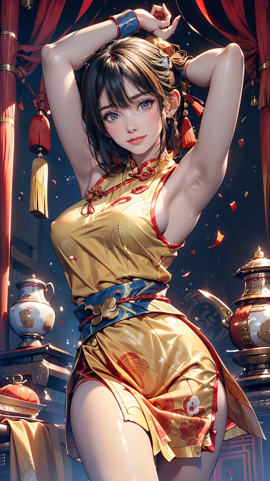 ((Chinese Dance, Chinese Danceの靴を着用))、、very happy、smile、(Raise your arms in joy、Please show me your armpits:1.2)、(Droopy eyes:1.2), Very slim、Tight waist、Long legs、Browsing Caution、Big round eyes