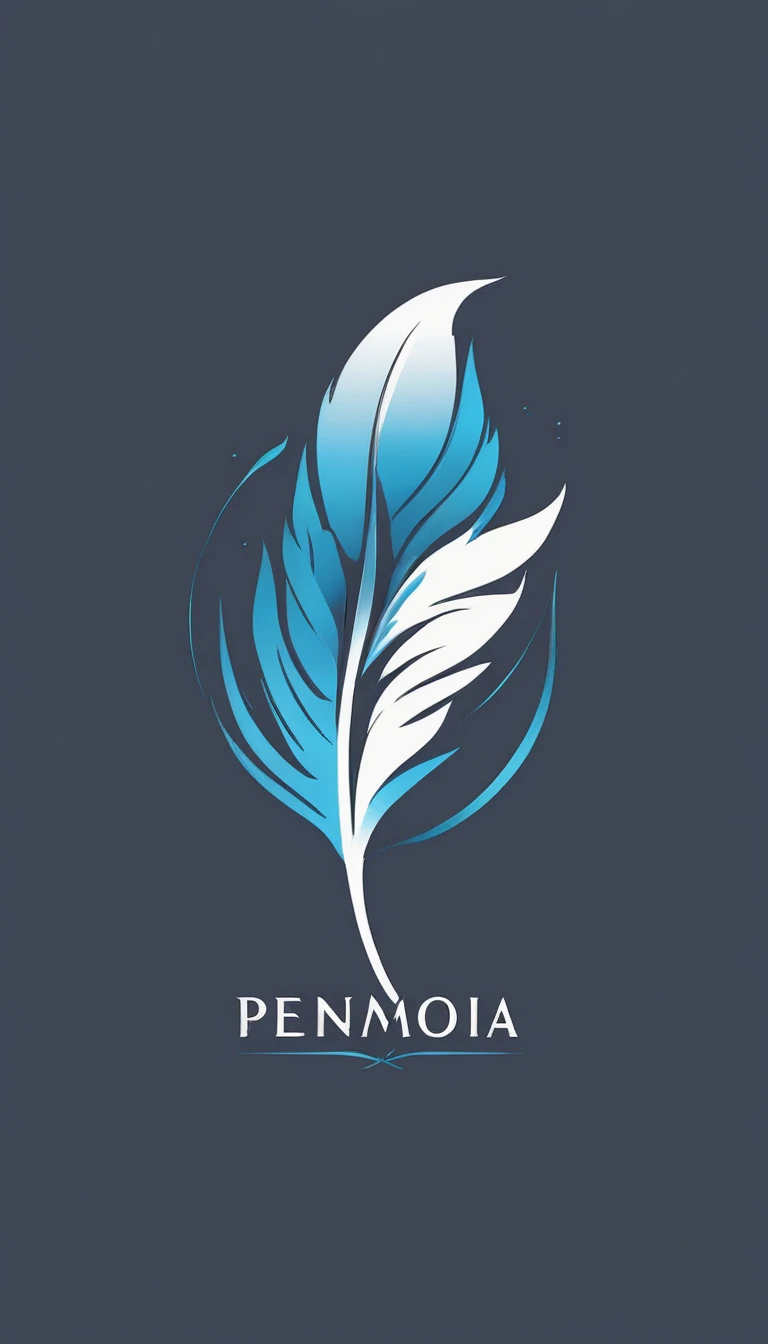 A minimal, modern, simple, cinematic logo design for the brand “Penamemoria". The logo design must be a simple, silhouette of a boy, standing up, playing acoustic guitar and fantasy feather by his side. The logo must convey a sense of music, stories, memories and dreams. Logo design impressed on a book cover. Minimalistic logo. Light blue, white and soft golden as colors for the logo design