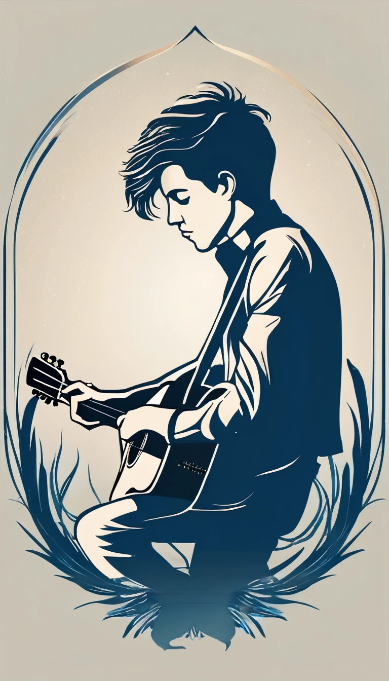 A minimal, modern, simple, cinematic logo design for the brand “Penamemoria". The logo design must be a simple, silhouette of a boy, standing up, playing acoustic guitar and fantasy feather by his side. The logo must convey a sense of music, stories, memories and dreams. Logo design impressed on a book cover. Minimalistic logo. Light blue, white and soft golden as colors for the logo design