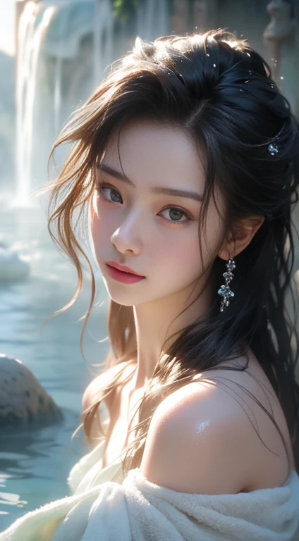 (masterpiece), (best quality:1.4), Ridiculous, [:Intricate details:0.2], 1 girl, (Naked Towel), (fountain, hot spring:1.2), hydrated skin, (FOG:1.2), mist, Glowing skin, radiant skin, (partially submerged in the hot spring:1.2), (wet hair:1.2), mist, wet, moisture,full-body shot