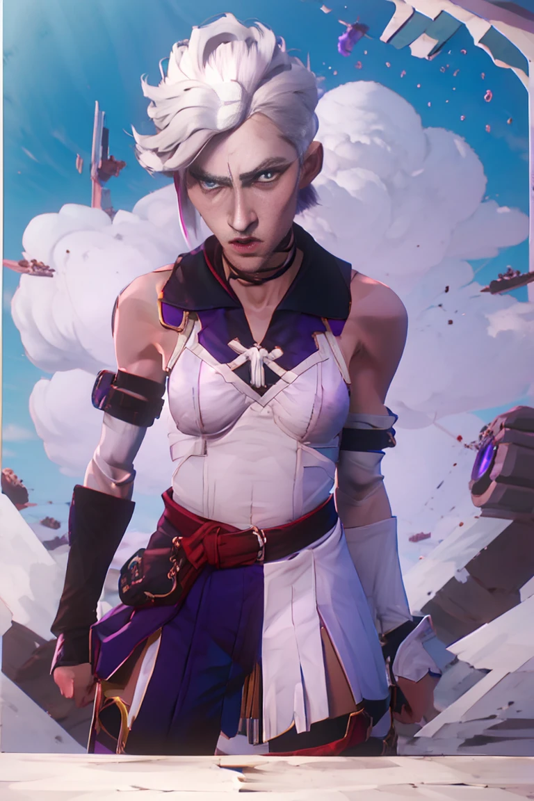 (best qualityer:0.8), perfect anime illustration, 1 girl, in front, gazing at viewer, NoelleHoliday, White hair, red short skirt, Red strappy sleeves, white blouse, purples eyes, big hair, medium breasts((she holding one of her breasts))