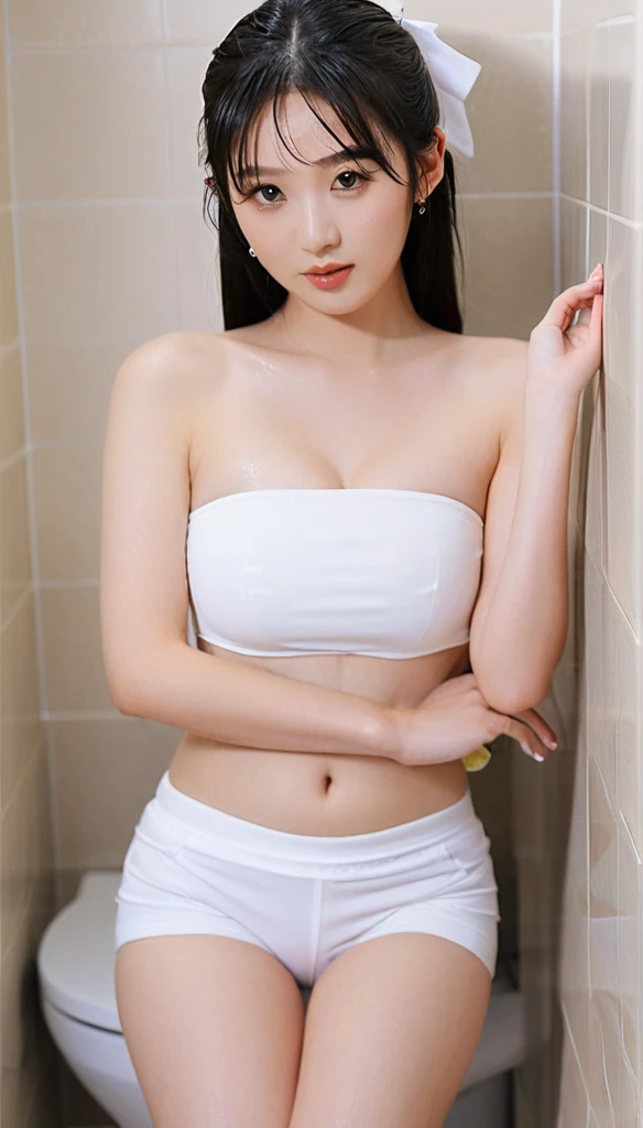 close-up of beautiful Chinese, Ningning is a AESPA South Korean pop girl group, age 22 years old girl, youthful face, perfect body, white body skin, very long hair, black hair, straight hair, 36 inches breasts size, wearing a plain standard white strapless tube top, wearing a tight plain standard white yoga hot pants, Ningning holding breasts with her own two hands is very sexy and sigh, Ningning squeezes the breasts very seductively, Ningning lowered her strapless tube top a little bit, Ningning sits on the bathroom toilet, Ningning pees in the bathroom toilet with a sigh and seductive, Ningning pees, Ningning peed herself until she was wet, ((peeing self)), ((wet pee)), sexy looking pose, pose a naughty look, pose looks seductive, at the boyfriend bathroom, boyfriend bathroom background, UHD