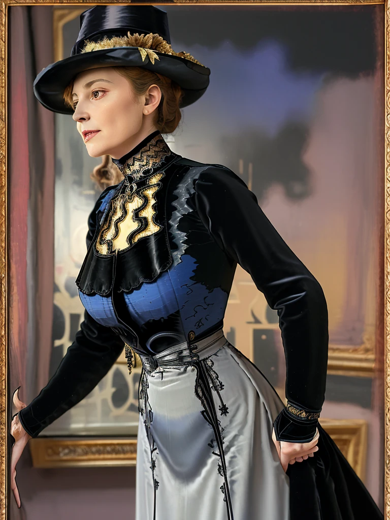 masterpiece, uhd, sharp color photo of one beautiful woman wearing a high-neck layered black dress, with a hat on and hourglass figure, wasp waist, coseted, at a Parisian cafe 1900_dr3ss,belle epoche dress
