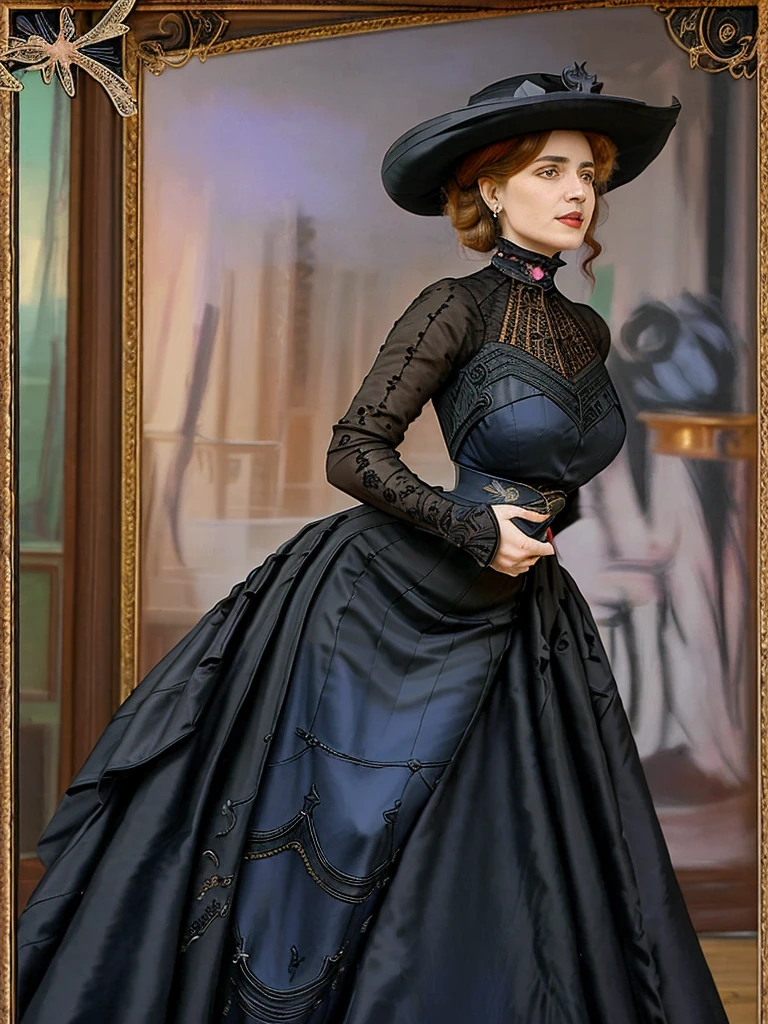 masterpiece, uhd, sharp color photo of one beautiful woman wearing a high-neck layered black dress, with a hat on and hourglass figure, wasp waist, coseted, at a Parisian cafe 1900_dr3ss,belle epoche dress