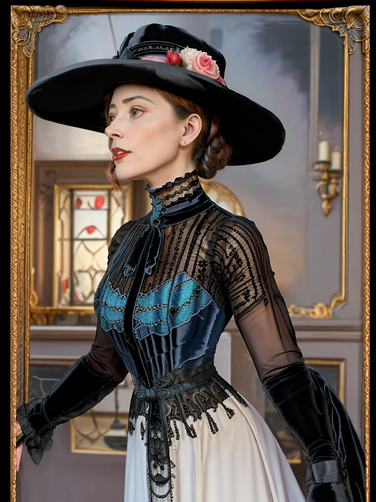 masterpiece, uhd, sharp color  photo of one beautiful woman wearing a high-neck layered black dress, with a hat on and hourglass figure, wasp waist, coseted, at a Parisian cafe  1900_dr3ss,belle epoche dress