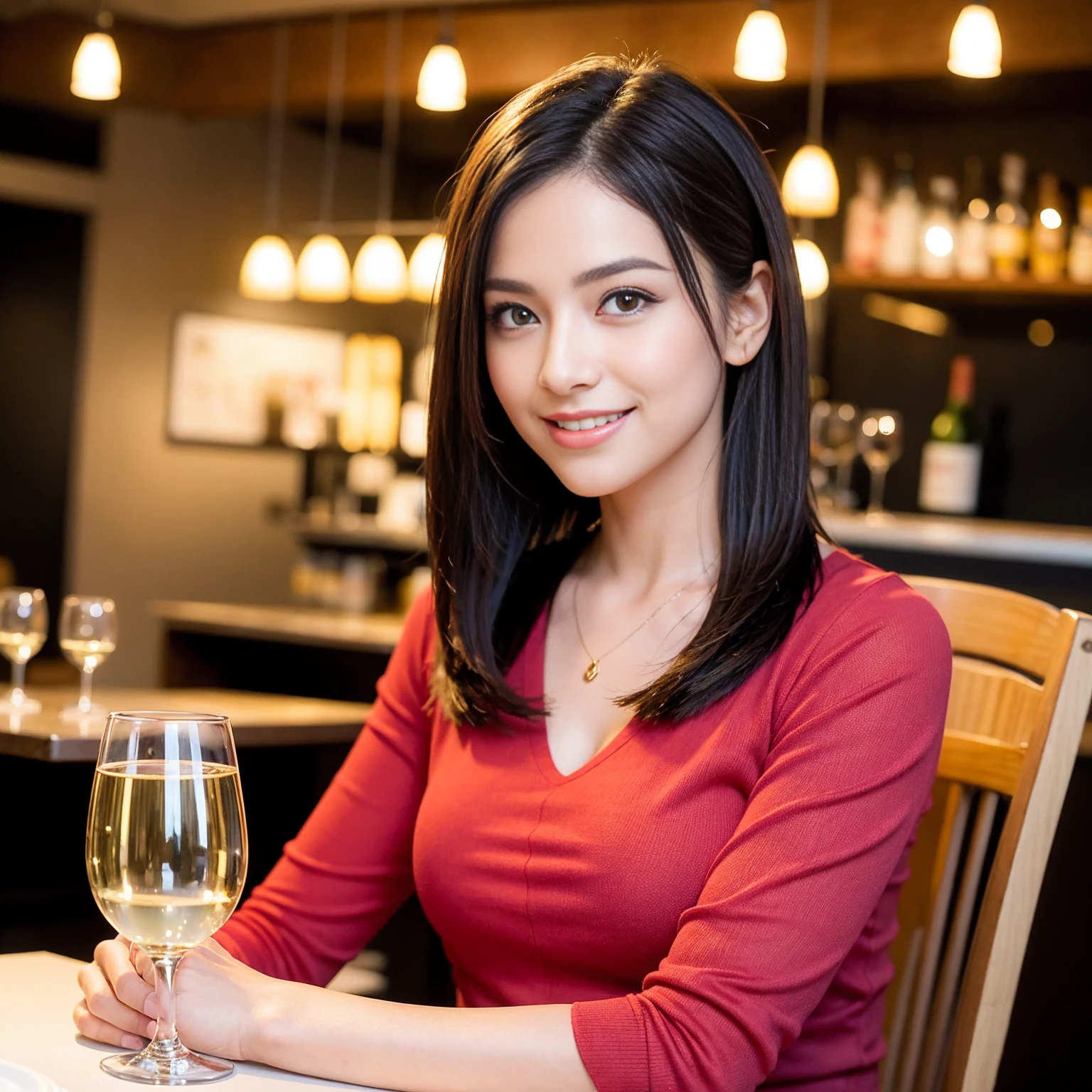 ((Highest quality、、masterpiece:1.3))、1 male、1 female、Slim Beauty、Beautiful couple、smile、full-course dinner、 (Slim face), (the body is スリム), (Brown Hair), (Shortcuts), ((Bob Hale、Straight hair:1.2)), テーブルの上のwine glass、Put the light on your face、 Amazing view of the sunset sky and clouds、smileの美しさ、Bright image、Blushing, Shortcuts, (Age 35), 39 years old, Appetizers、Italian food、Wine bottle、Champagne、sparkling wine、Long sleeve shirt、Pink Dress、Attractive beauty、restaurant, Nova Frog Style, actress, model, Upper Body, White wine, red wine, wine glass,