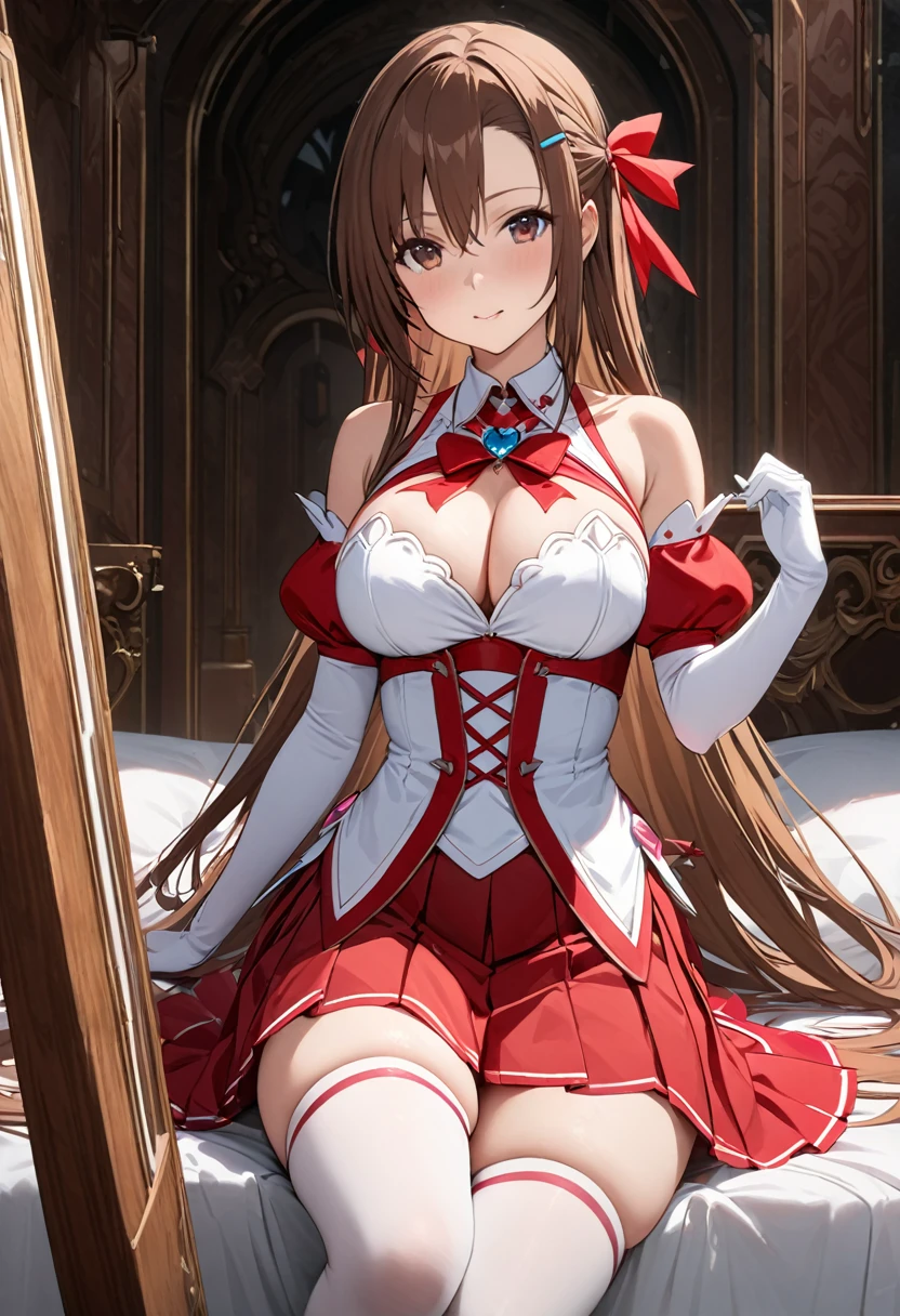 masterpiece, Highest quality, High resolution、Highest quality、unity 8k wallpaper、32k、Very detailed、超High resolution、Very detailedな顔、RAW Photos、Professional、Ultra-fine painting、asuna yuuki, long hair, brown hair, brown eyes、skirt, thighhighs, bare shoulders, detached sleeves, white thighhighs, red skirt,、White and red magical girl costume、Puff sleeves、Pleated skirt、Long gloves、Thigh-high stiletto boots、A large white and red ribbon with a large ruby brooch on the chest、Hair Clip、Hair Ribbon、