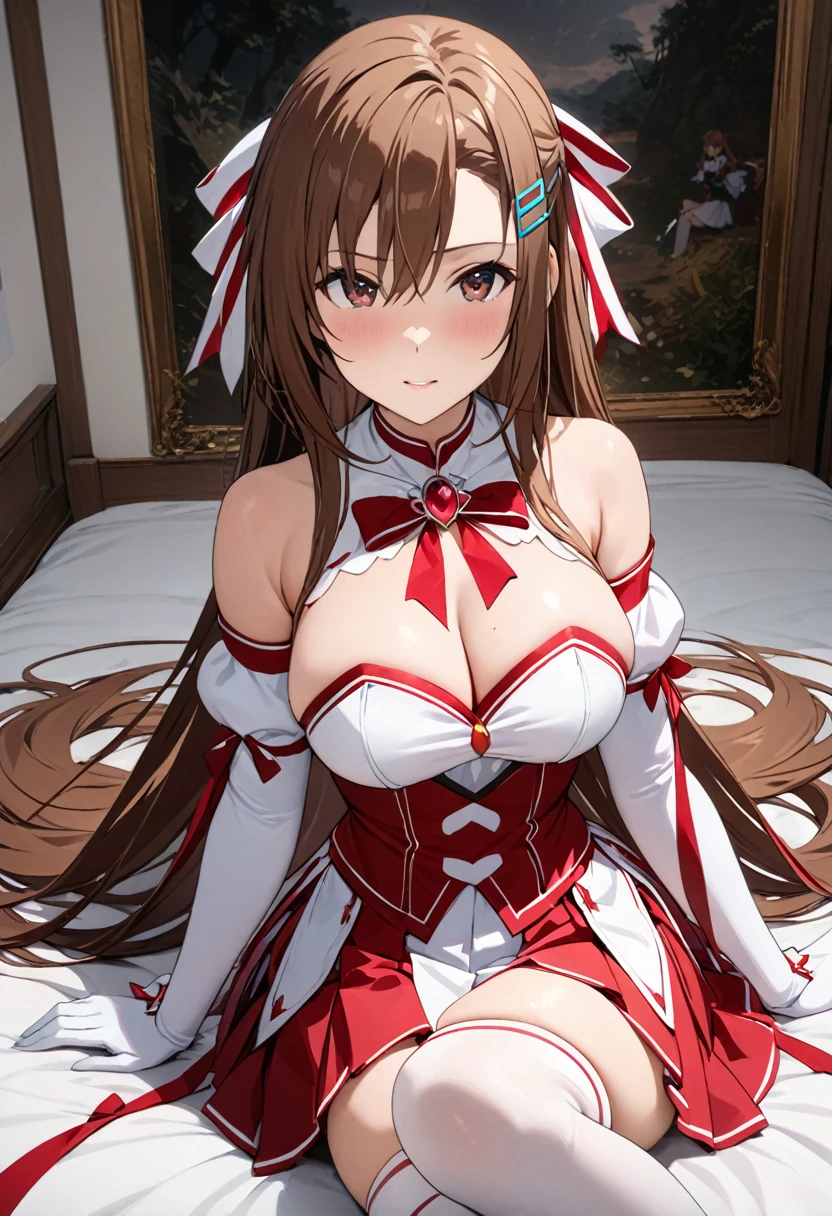 masterpiece, Highest quality, High resolution、Highest quality、unity 8k wallpaper、32k、Very detailed、超High resolution、Very detailedな顔、RAW Photos、Professional、Ultra-fine painting、asuna yuuki, long hair, brown hair, brown eyes、skirt, thighhighs, bare shoulders, detached sleeves, white thighhighs, red skirt,、White and red magical girl costume、Puff sleeves、Pleated skirt、Long gloves、Thigh-high stiletto boots、A large white and red ribbon with a large ruby brooch on the chest、Hair Clip、Hair Ribbon、