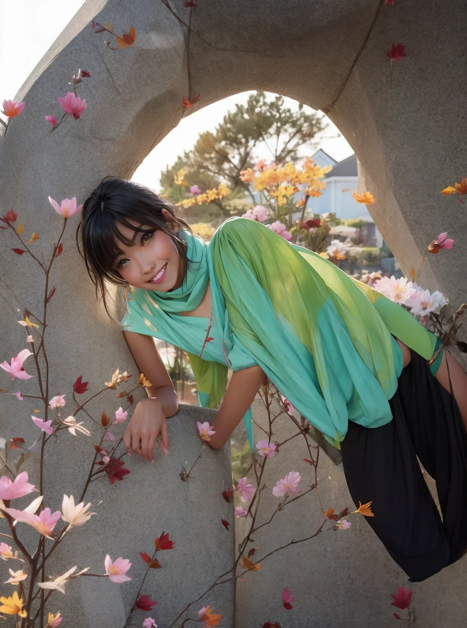 Stand in front of the photo、(masterpice), 1girl in,Full body,a short bob,long boots,Open mouth and big smile、kawaii pose、Flowing iridescent silk、up of face、Eye Up、Colorcon with heart pattern、Floral dress、There are flowers even in front of you、flower petals、Fallen leaves and dragonflies、(season autumnal)