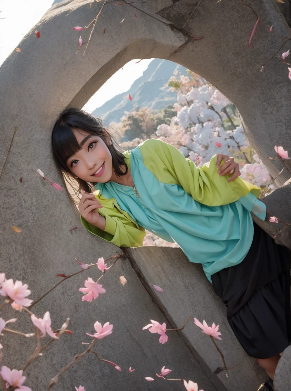 Stand in front of the photo、(masterpice), 1girl in,Full body,a short bob,long boots,Open mouth and big smile、kawaii pose、Flowing iridescent silk、up of face、Eye Up、Colorcon with heart pattern、Floral dress、There are flowers even in front of you、flower petals、Fallen leaves and dragonflies、(season autumnal)