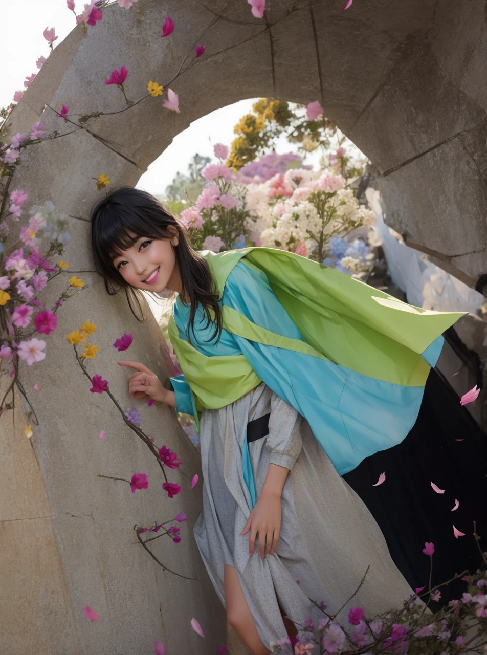 Stand in front of the photo、(masterpice), 1girl in,Full body,a short bob,long boots,Open mouth and big smile、kawaii pose、Flowing iridescent silk、up of face、Eye Up、Colorcon with heart pattern、Floral dress、There are flowers even in front of you、flower petals、Fallen leaves and dragonflies、(season autumnal)