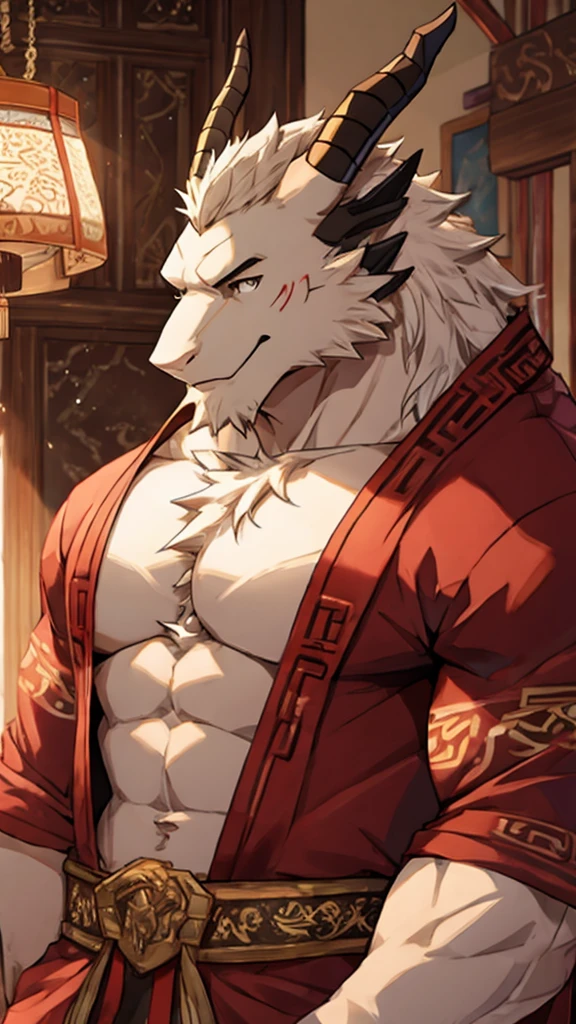 (white eastern dragon),furry,white mustache,big pecs,hearty males,muscular,black imperial robe,naked,adult,traditional_chinese_room，head portrait