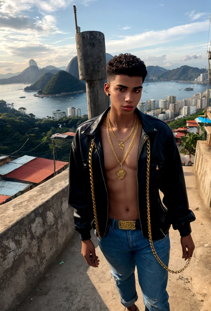 20 year old boy in Rio style with gold chain around his neck favela landscape