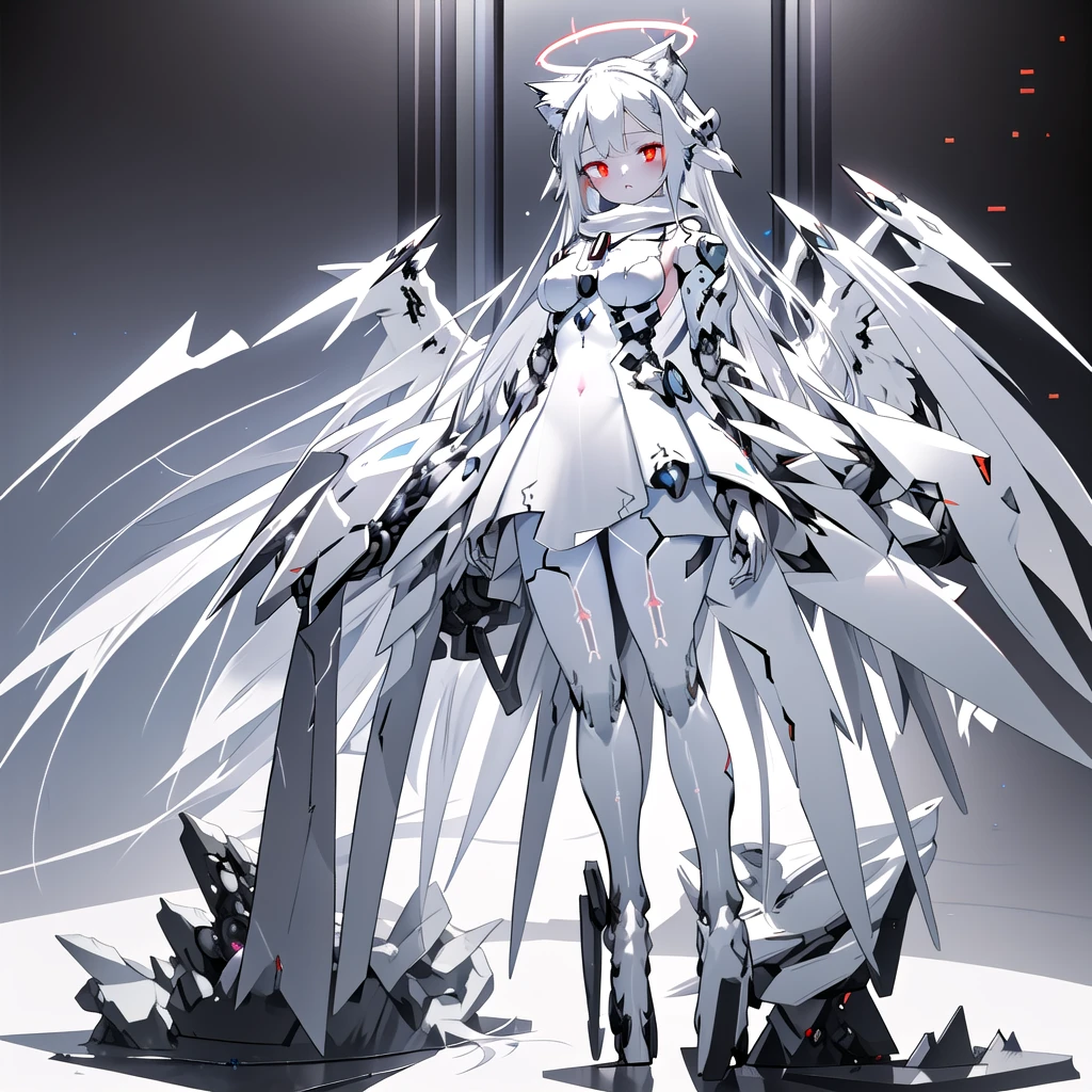 masterpiece, highest quality, highest resolution, clear_image, detailed details, White hair, long hair, cat ears, 1 girl, red eyes, white pantyhose, sci-fi military clothing, white scarf (white scarf around the neckwith a light blue glow), gray futuristic halo (gray halo over the head), white wings (4 wings), cute, fulld body, no water marks, outer space