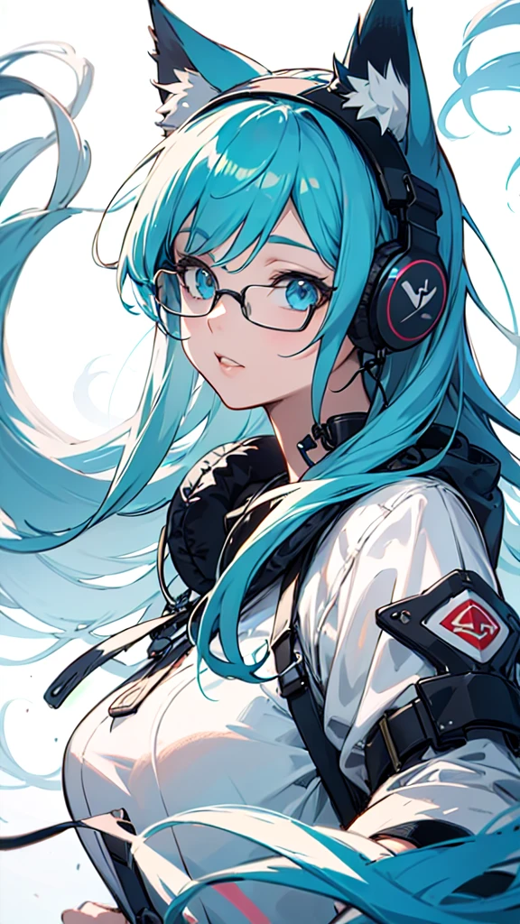 a beautiful anime girl with cat ears and headphones, glasses, detailed face, long hair, intricate details,hyper detailed,rinotuna style,2D illustration,vibrant colors,warm lighting,dynamic composition,photorealistic, digital art