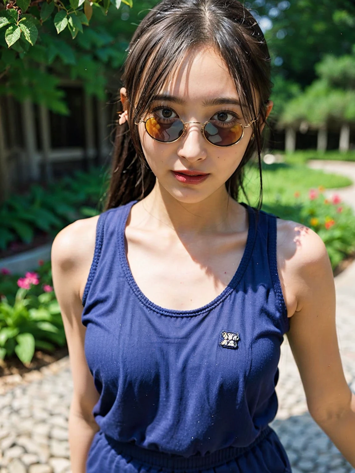 ((1girl)), black hair, ponytail, sunglasses, rabbit ears, Surrealism, depth of field, jpeg artifacts, Fujicolor, close-up, cowboy shot, upside-down, bokeh, Canon, 35mm, Sony FE GM, 8k, super detail, UHD, retina, masterpiece, accurate, anatomically correct, textured skin, super detail, high details, high quality, award winning, best quality, highres, 16k, medium hair, natural big breast, ((skinny)), ((knit tank top, short pants))