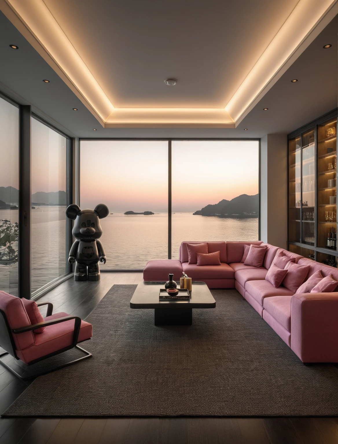 Raw photo,Masterpiece, high quality, best quality, authentic, super detail, interior, livingroom style modern, sunset, evening light, sofa, tea table, carpet, flower vase on tea table, wine bottle, tray, armchair, wine cabinet, books, glass cabinet doors, downlight, windows overlooking the evening ha long bay, (((black and pink tones))), black wooden floor, ((bearbrick pink))