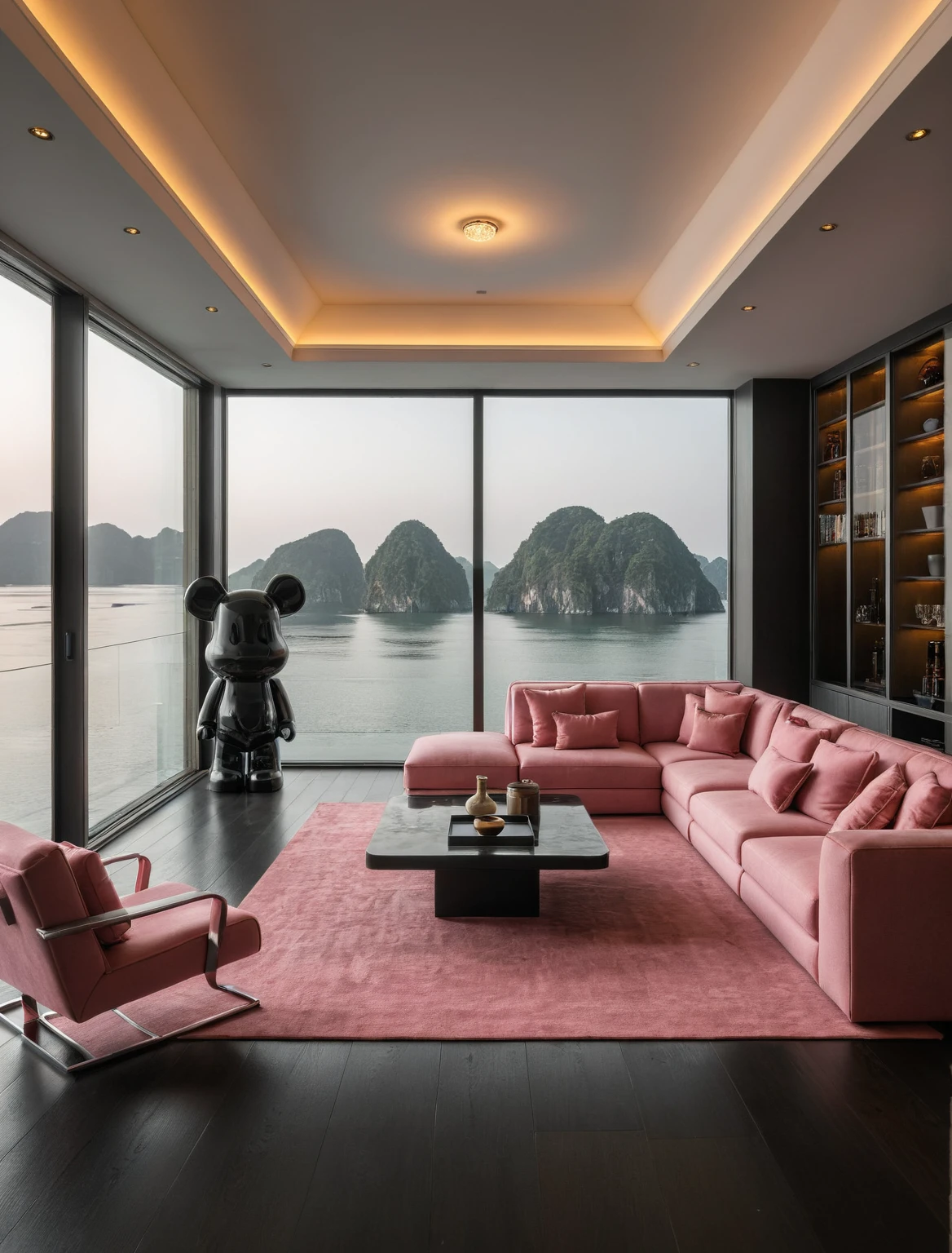 Raw photo,Masterpiece, high quality, best quality, authentic, super detail, interior, livingroom style modern, sunset, evening light, sofa, tea table, carpet, flower vase on tea table, wine bottle, tray, armchair, wine cabinet, books, glass cabinet doors, downlight, windows overlooking the evening ha long bay, (((black and pink tones))), black wooden floor, ((bearbrick pink))