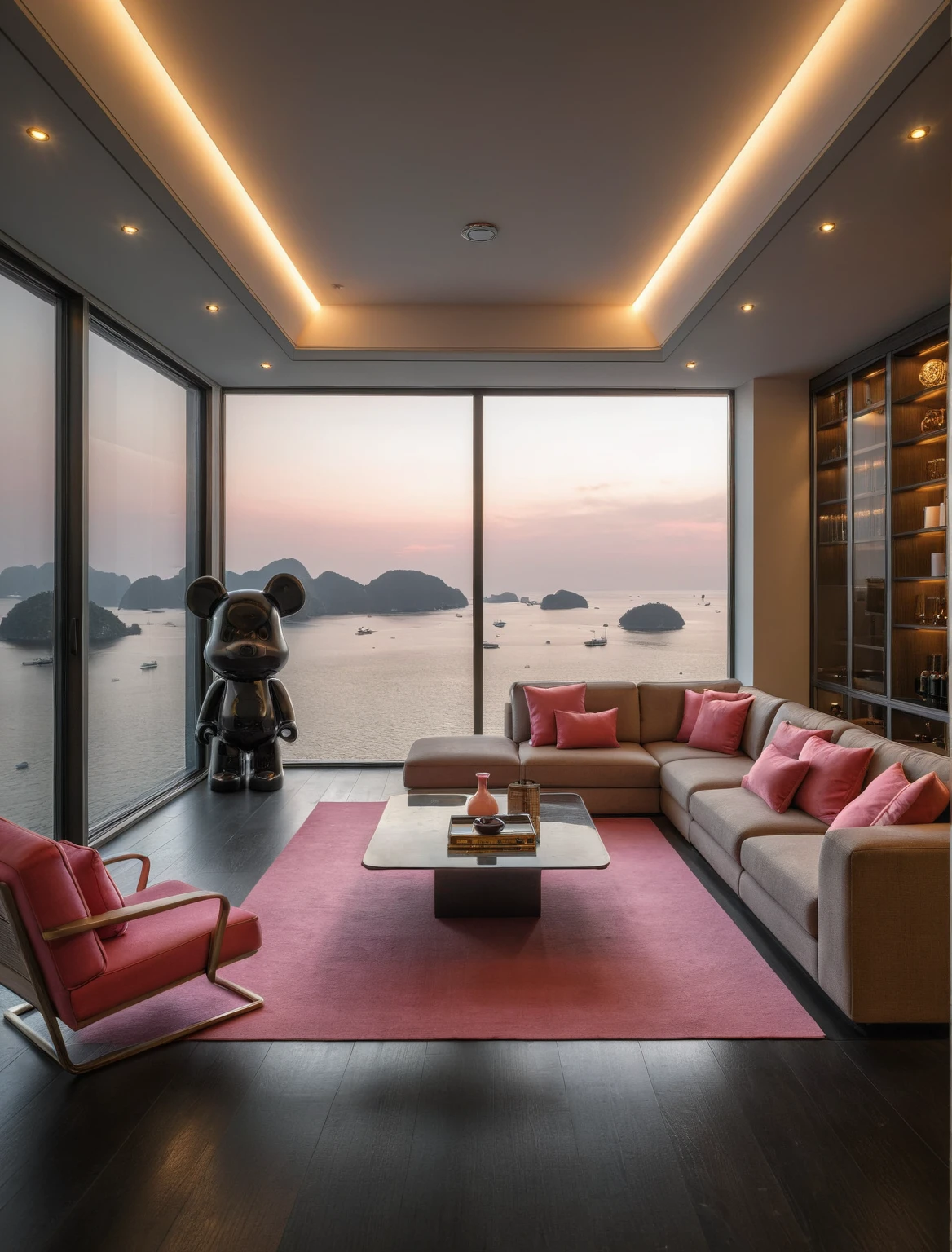 Raw photo,Masterpiece, high quality, best quality, authentic, super detail, interior, livingroom style modern, sunset, evening light, sofa, tea table, carpet, flower vase on tea table, wine bottle, tray, armchair, wine cabinet, books, glass cabinet doors, downlight, windows overlooking the evening ha long bay, (((black and pink tones))), black wooden floor, ((bearbrick pink))