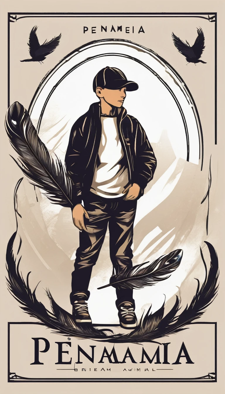 Create a minimal, modern, simple, inspirational, memorable, dream like logo design of a boy and a feather for the brand “Penamemoria".