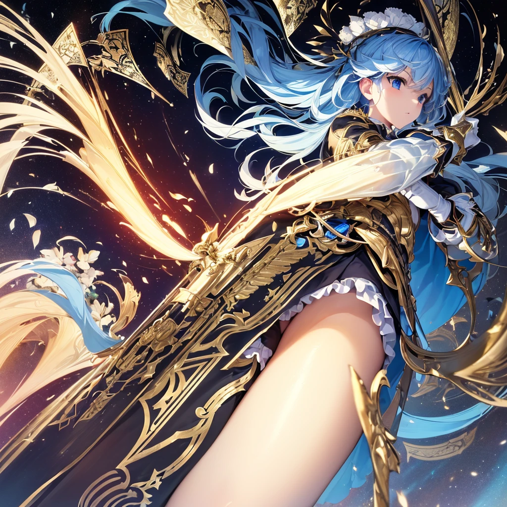 1girl、Dynamic composition、marching band、(((Masterpiece、Highest quality、Official Art、Super detailed、Handsome face、Dynamic composition)))、Anime Style、(Milky white and blue hair:1.3),(blue eyes:1.4),(Bright colors:1.4),((麻の葉background:1.3)),, marching bandのユニフォームを着たクールな女の子, marching bandの帽子、mini skirt, Frills, Black and white with gold embroidered flag held in both hands,(background:Large red flag on the back with gold floral embroidery, Note, )、euphonium、Huge Flag、Powerful composition、White gloves、kawaii tech,