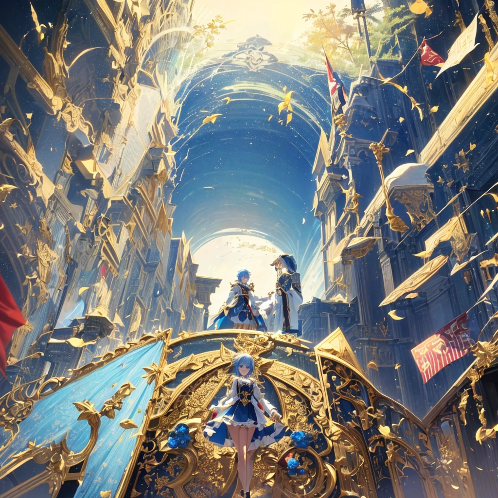 1girl、Dynamic composition、marching band、(((Masterpiece、Highest quality、Official Art、Super detailed、Handsome face、Dynamic composition)))、Anime Style、(Milky white and blue hair:1.3),(blue eyes:1.4),(Bright colors:1.4),((麻の葉background:1.3)),, marching bandのユニフォームを着たクールな女の子, marching bandの帽子、mini skirt, Frills, Black and white with gold embroidered flag held in both hands,（background:Large red flag on the back with gold floral embroidery, Note, )、euphonium、Huge Flag、Powerful composition、White gloves、kawaii tech,