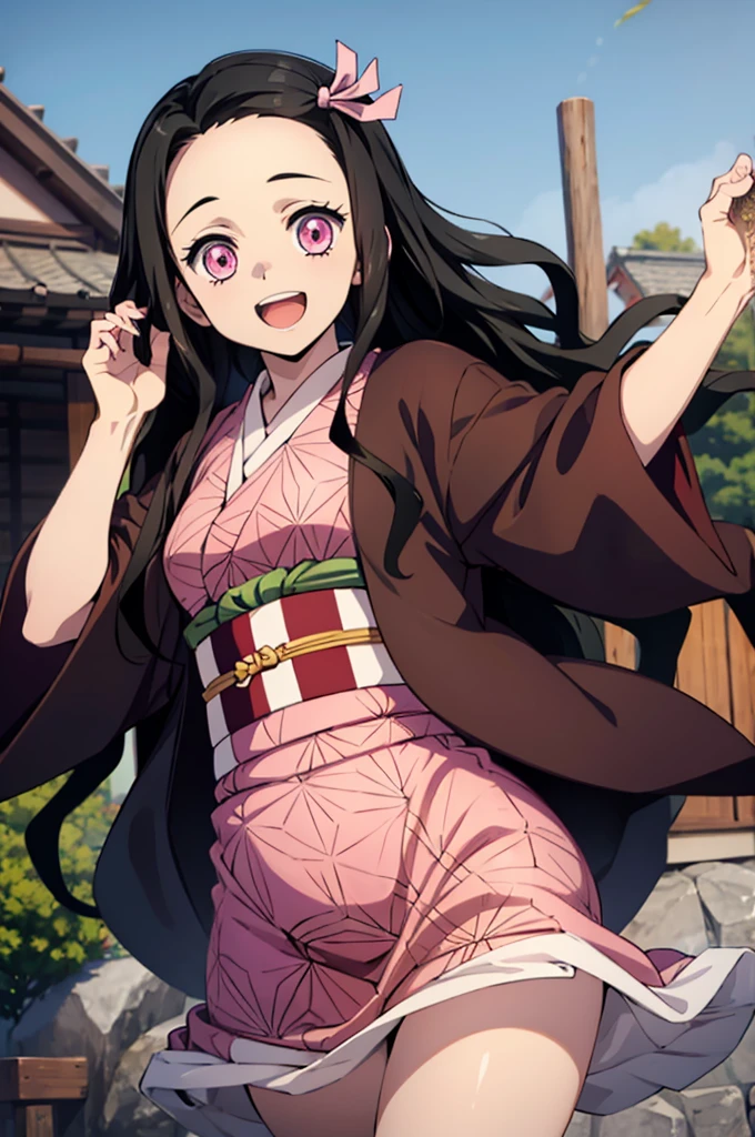 (masterpiece:1.3), (best quality:1.1), (8k, ultra detailed, ultra high res:1.2), ((anime style)), detail perfect 5 fingers, perfect anatomy, 
1girl,
Kamado Nezuko, 
BREAK long hair, wavy hair, forehead
black hair, 
pink eyes, 
ribbon, 
small breasts,  
BREAK japanese clothes, pink kimono, brown haori, obi, 
smile, (dynamic pose:1.2), (jumping:1.2), 
looking at viewer, 
cowboy shot, 
BREAK age of Edo, city, village, outdoor,   