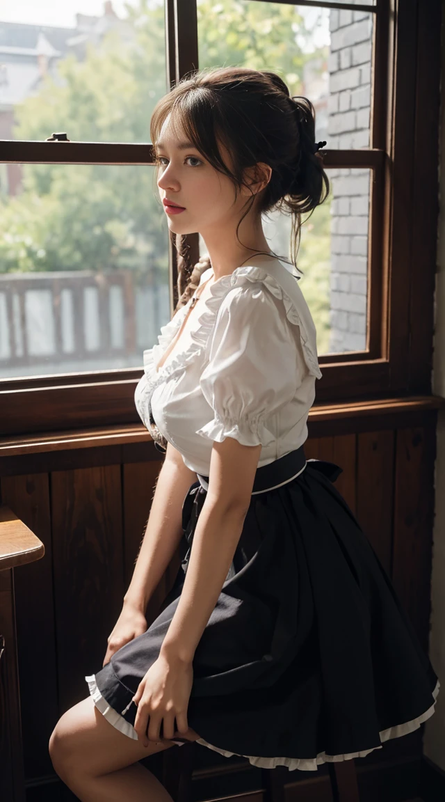 high quality photos, masterpiece, Ultra high quality, (realistically: 1.4), Realistic style,original photo, 1 girl, british maid, Ruffled Maid Katyusha, ponytail, Braided hair, ruffled sheer shirt, ribbon tie, apron, mini skirt, Puff sleeves, White, radiant skin, Victorian Era, no gray background, stand by the window,Full body image,Cleavage,Black garter,