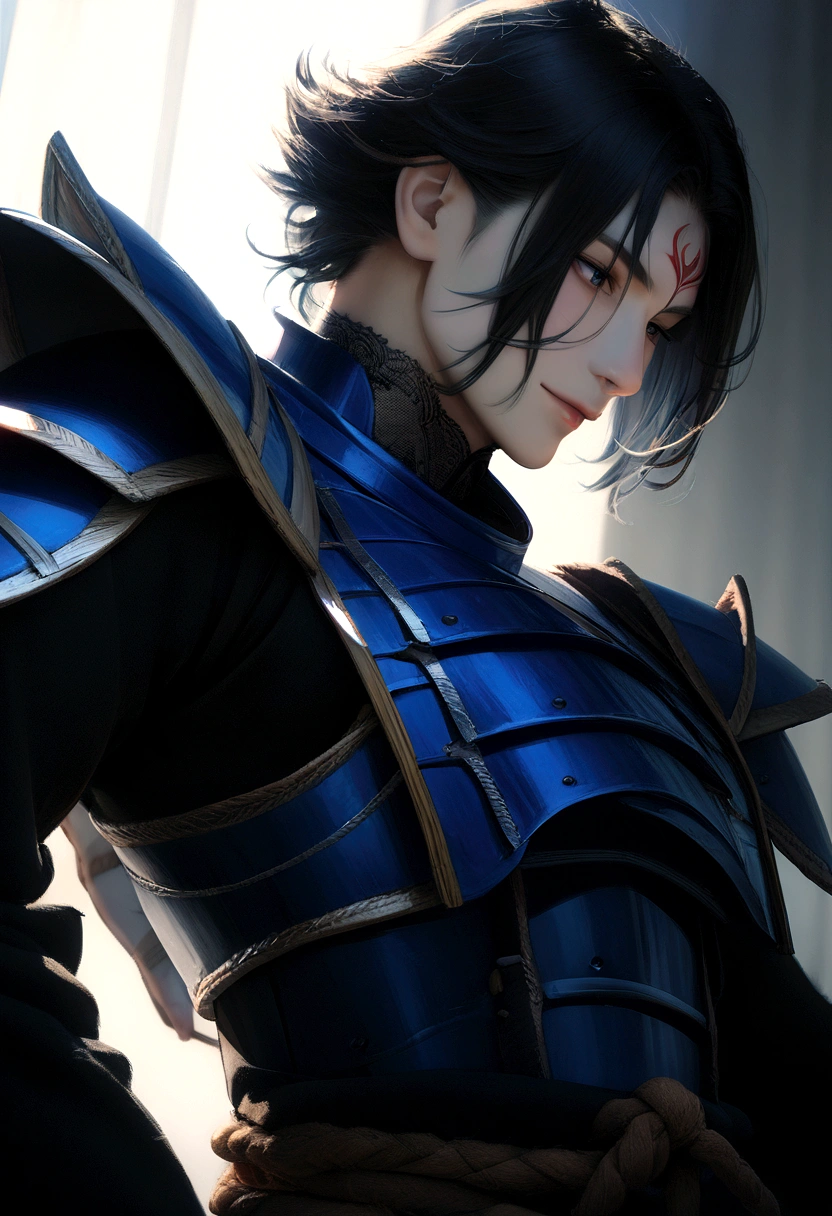 Top quality, masterpiece, super high resolution, (realism: 1.4), raw photo, Uesugi Kenshin, known as the Tiger of Echigo, male, wearing perfect cobalt blue samurai armor, beautiful young man, tattoos on face, slight smile, commanding presence, traditional Japanese setting, darkness, deep shadows, low key, cold light 12000K