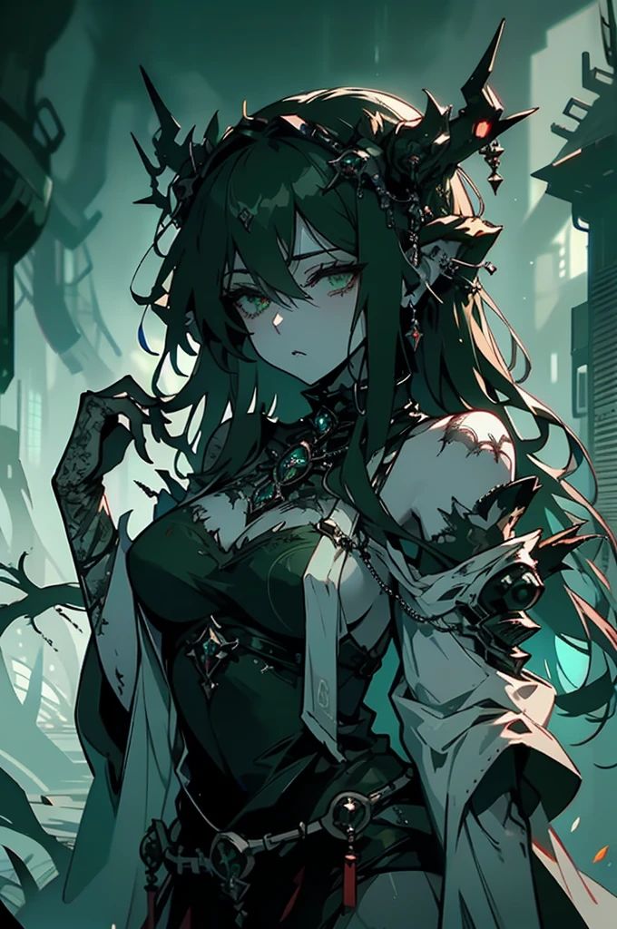 A withered, emaciated dryad stands amidst a barren wasteland, her tree-like limbs twisted and gnarled, devoid of leaves. The concept art is a detailed and haunting digital painting, capturing every intricate line and texture. Her skin is cracked and flaking, with hints of once vibrant green peeking through the decay. The background is desolate, with grey clouds swirling ominously overhead, conveying a sense of despair and desolation. The overall quality of the image is exceptional, with a stark and striking contrast between the decrepit dryad and her bleak surroundings.