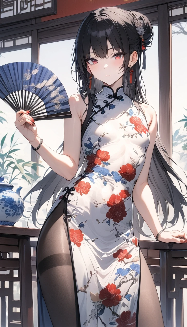 (masterpiece, best quality:1.3),extremely detailed,1man,(mature male),cool face,35 year old,red eyes,flat_chest,seductive smile,Chinese-style clothing,Chinese dress,Chinese qipao,floral print print,standing,black hair,very long hair,long bangs,jewelry,chinese clothes,print dress,sleeveless,hand fan,legs_apart,bulge,looking at viewer,indoor,(teahouse),earrings,red nails,holding,bracelet,solo,holding fan,hair ornament,
