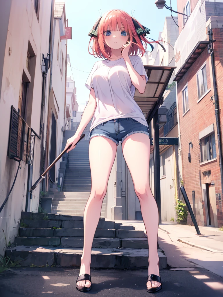 (8K, Highest quality, Highest quality, masterpiece), standing, aayotsuba in the background, (denim hot micro shorts), big breasts, (fullbody), nn1, 1girl, hair ribbon, ((long hair)), anime girl