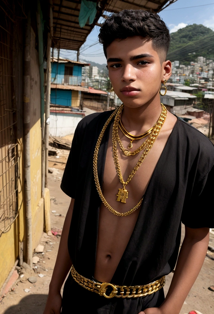 20-year-old boy in Paulista style with gold chain around his neck, favela landscape