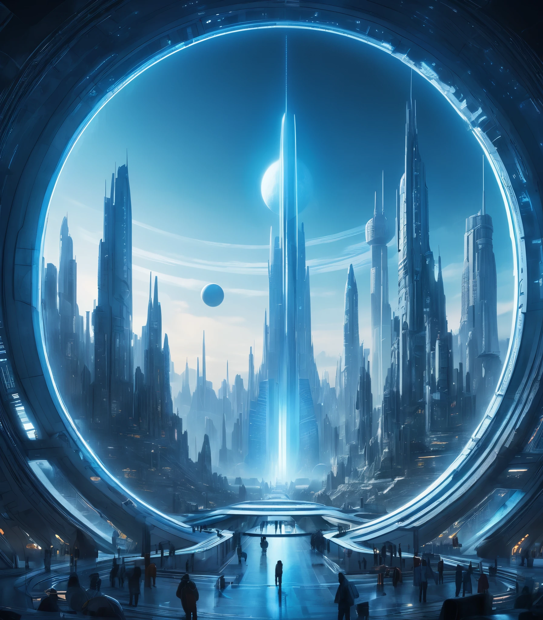 y4nn, Futuristic city with huge circular structure in the center of the central circle is blue light, sf, Detailed Matte Painting, Space Art, Super detailed, Shine from the inside, masterpiece, Highest quality