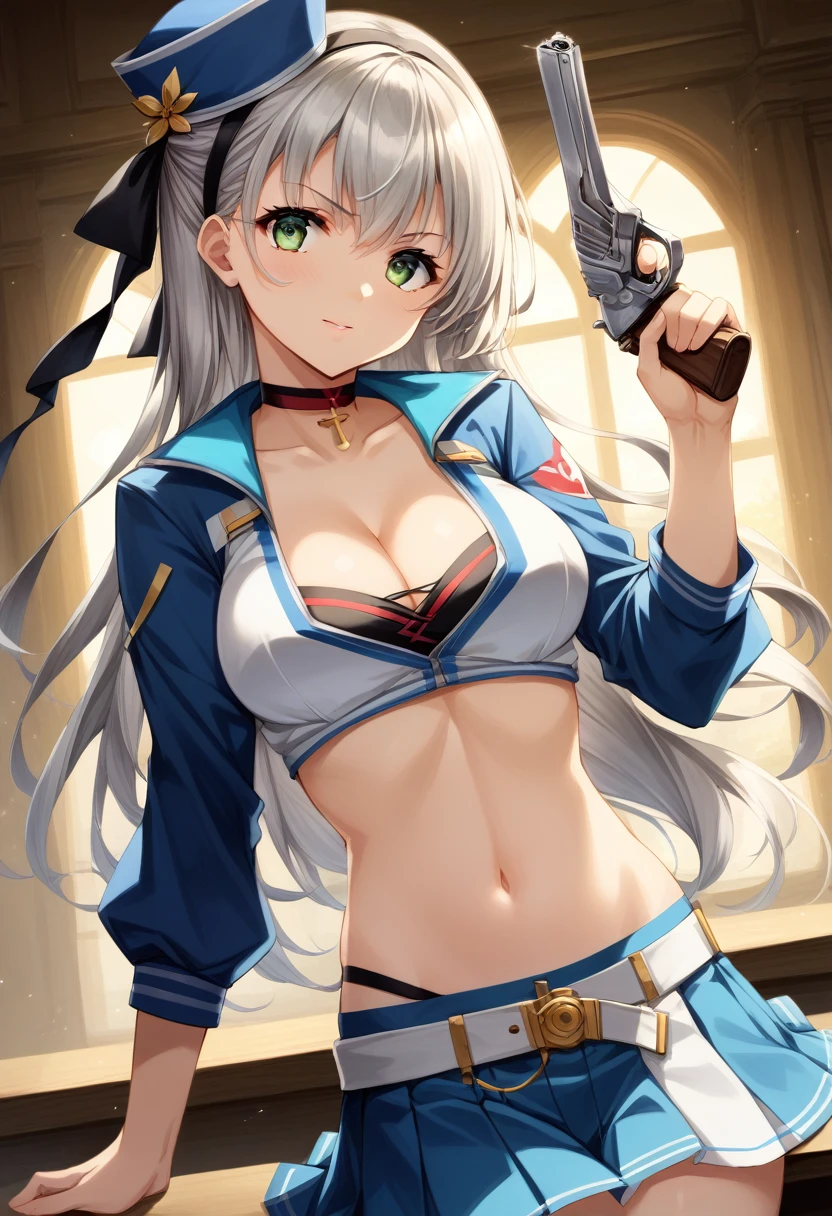 score_9,score_8_up,score_7_up,score_6_up,score_5_up,score_4_up,  ,source_anime BREAK,from front,front view,(soro focus),,straight-on,standing,sit on counter,looking at viewer,masterpiece, best quality, very aesthetic, absurdres,extremely detailed CG unity 8k wallpaper,cinematic angle, great lighting, detailed shadows,detailed body, anime artwork, anime style, key visual, vibrant,studio anime, highly detailed, anime coloring,raceElie, hairband, choker, blue hat, blue jacket, cropped jacket, cleavage, midriff, blue shorts, pleated skirt,holding a pistol,silver pistol,pointing,  focused pistol, (zoom in upper body:1.3)
