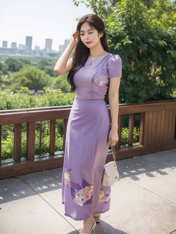 high-definition images, atmospheric perspective, 8k, super detail, accurate, best quality, angle from below, a woman, drooping eyes, sleepy face, blush, in the city, (floral purple dress), thick tights, high boots, shoulder bag, necklace, standing portraits ,day scene, pagoda view, hair up, acmm's outfit, black acmm's top , black printed acmm's skirt,