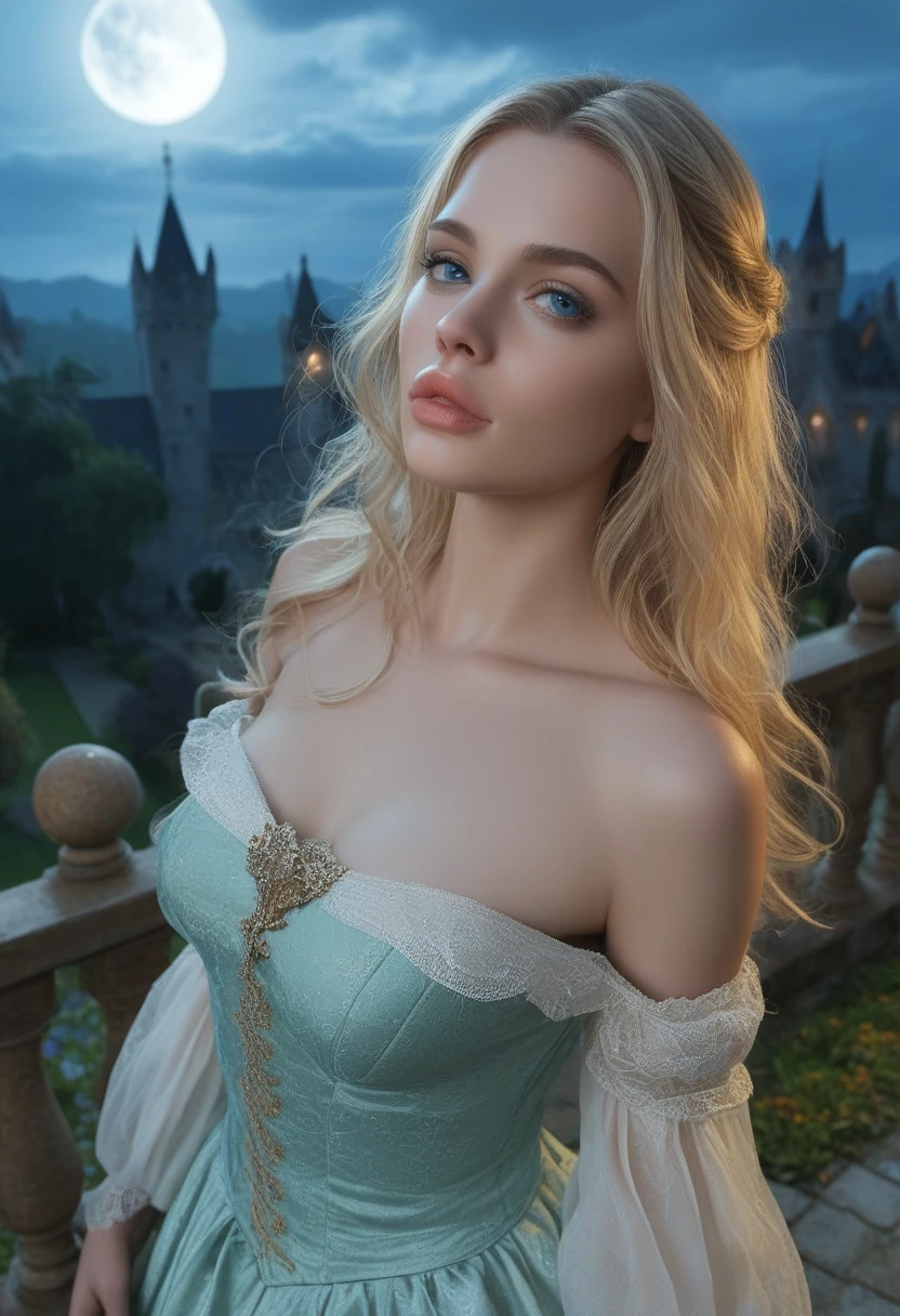 score_9, score_8_above, score_7_above, 1girl, realistic, blonde long hair with bangs, blue_eyes, realistic skin texture, detailed picture, upper_body, HD32k, royal_garden, medieval_castle, elegant_green_dress, off_shoulder_dress, moonlight, night, fullmoon, red_lips, (puckered_lips:1.5)