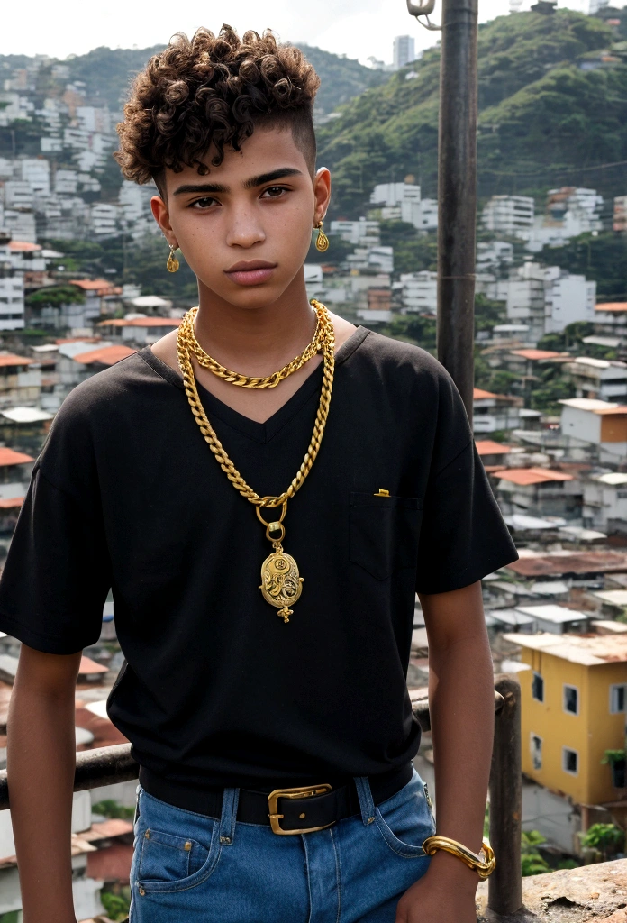 20-year-old boy in Paulista style with gold chain around his neck, favela landscape