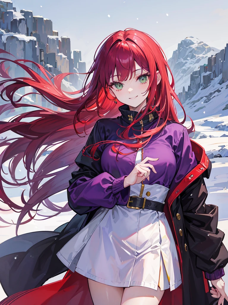 mature woman, green eyes, long curry wavy red hair, bangs. wear purple black jacket. background in snow field florest. smiling, indifferent. arrogant, thug. snowfall. in florest at winter