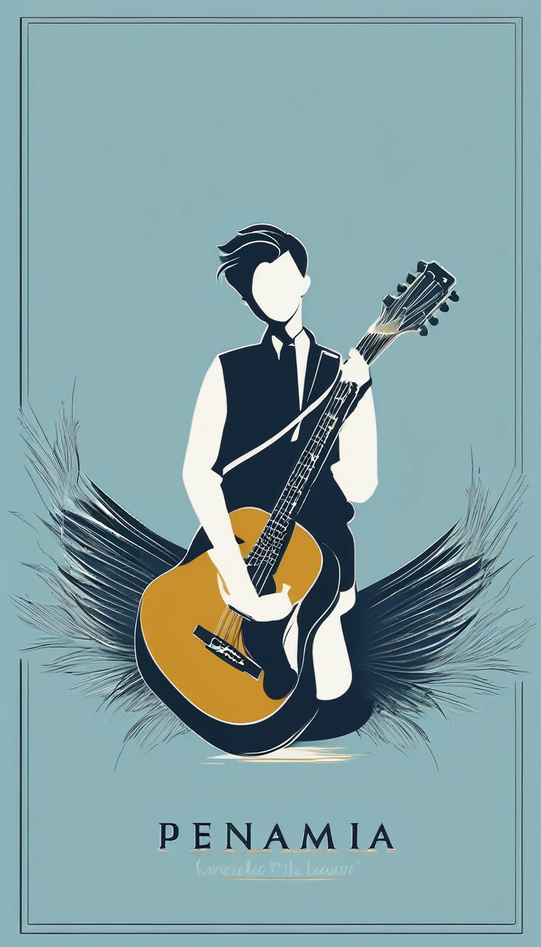 A minimal, modern, simple, cinematic logo design for the brand “Penamemoria". The logo design must be a simple, silhouette of a boy, standing up, playing acoustic guitar and fantasy feather by his side. The logo must convey a sense of music, stories, memories and dreams. Logo design impressed on a book cover. Minimalistic logo. Light blue, soft white and light golden as colors for the logo design