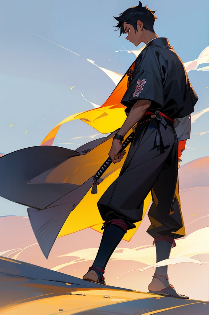 Teen , male, samurai Clothing, Standing pose, Town background, black skin color