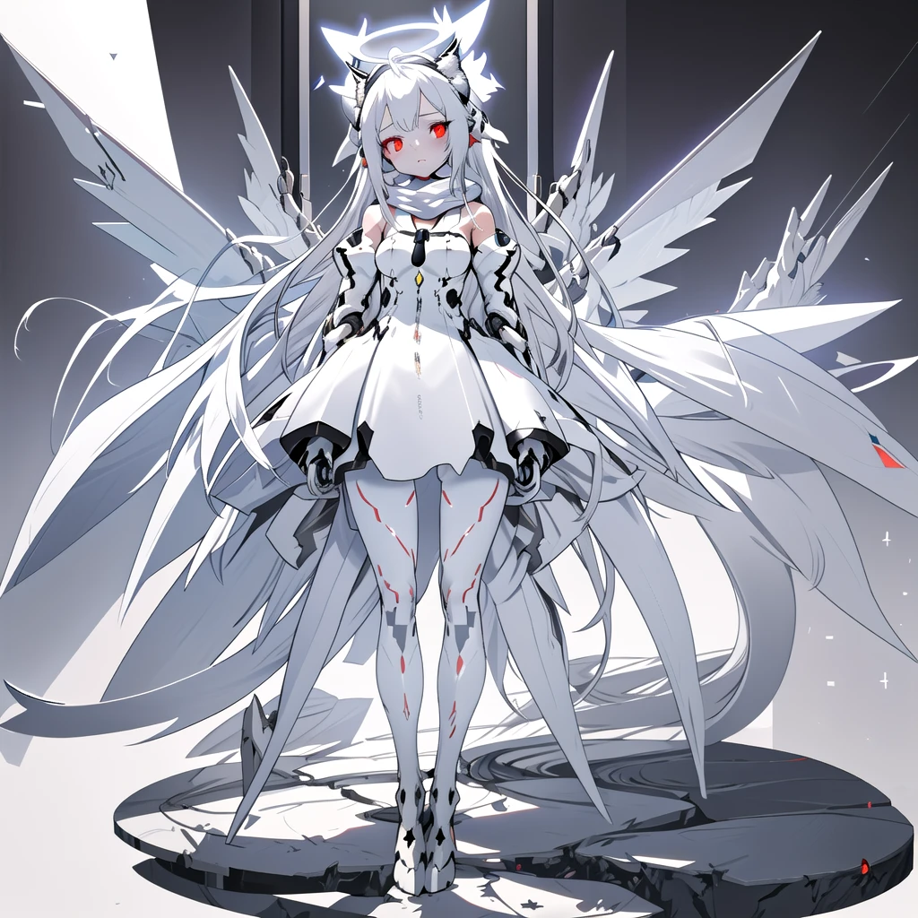 masterpiece, highest quality, highest resolution, clear_image, detailed details, White hair, long hair, cat ears, 1 girl, red eyes, white pantyhose, sci-fi military clothing, white scarf (white scarf around the neckwith a light blue glow), gray futuristic halo (gray halo over the head), white wings (4 wings), cute, fulld body, no water marks, outer space