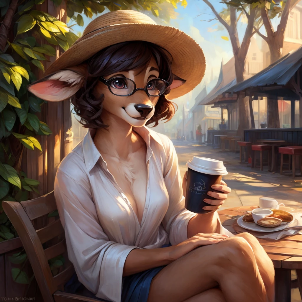 uploaded on e621, by Pixelsketcher, by Bayard Wu, by Thomas Benjamin Kennington , by Einshelm, by hioshiru and kenket, Chunie, portrait, solo anthro female deer doe, tiny featureless breasts, tiny breasts, clear dark blue, cinematic lighting, day, sunny day, sitting outside at a café, café background, french background, old french background, shiny, short curly dark brown hair, short hair, wears big black nerd glasses, very very beautiful furry art, furry art, thoughtful, shiny, feminine, cute face, muzzle, fluffy chest, flawless face, Fallow deer, 1girl, Sakimichan is beautiful, Masterpiece, Wavethesallow Face, shiny, Detailed image, portrait, Detailed image, portrait, wears pure white wide, big blouse, wears beige summer straw hat, shiny, realistic face, perfect anatomy, hourglass body, anthropomorphic deer, happy, very happy, small ears, huge black nerd glasses, wide happy eyes, look at viewer, smiles, big smile, holds with both hands a cup of coffee, hourglass body, (furry body:1.1), anthropomorphic deer, small fluffy tail, detailed background, (cute anatomy:1.1), looks into the distance