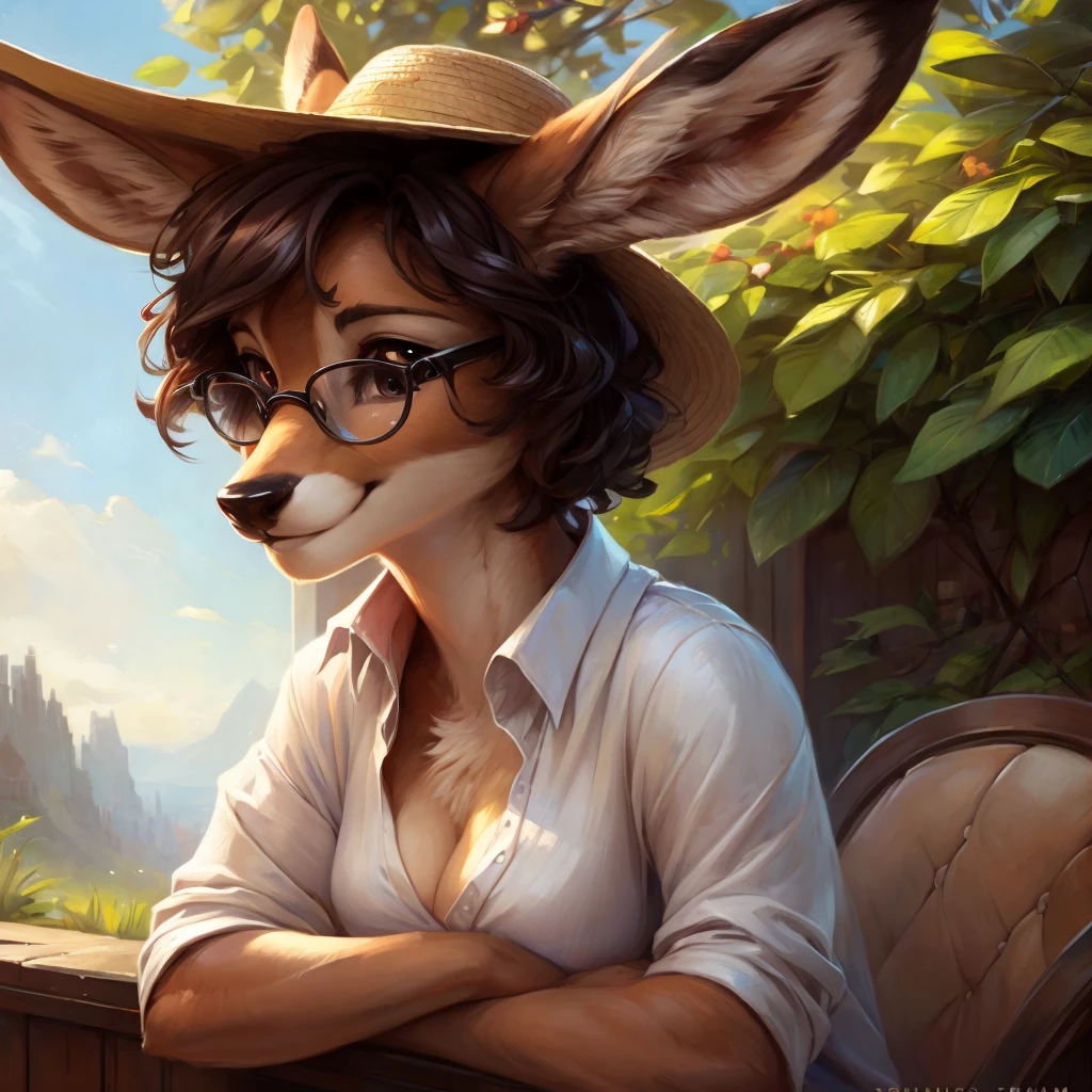 uploaded on e621, by Pixelsketcher, by Bayard Wu, by Thomas Benjamin Kennington , by Einshelm, by hioshiru and kenket, Chunie, portrait, solo anthro female deer doe, tiny featureless breasts, tiny breasts, clear dark blue, cinematic lighting, day, sunny day, sitting outside at a café, café background, french background, old french background, shiny, short curly dark brown hair, short hair, wears big black nerd glasses, very very beautiful furry art, furry art, thoughtful, shiny, feminine, cute face, muzzle, fluffy chest, flawless face, Fallow deer, 1girl, Sakimichan is beautiful, Masterpiece, Wavethesallow Face, shiny, Detailed image, portrait, Detailed image, portrait, wears pure white wide, big blouse, wears beige summer straw hat, shiny, realistic face, perfect anatomy, hourglass body, anthropomorphic deer, happy, very happy, small ears, huge black nerd glasses, wide happy eyes, look at viewer, smiles, big smile, holds with both hands a cup of coffee, hourglass body, (furry body:1.1), anthropomorphic deer, small fluffy tail, detailed background, (cute anatomy:1.1), looks into the distance
